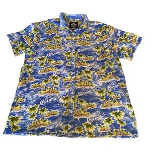 Corona Shirt Top All Over Print Beer Bottles Beach Palm Trees Short Sleeve Large